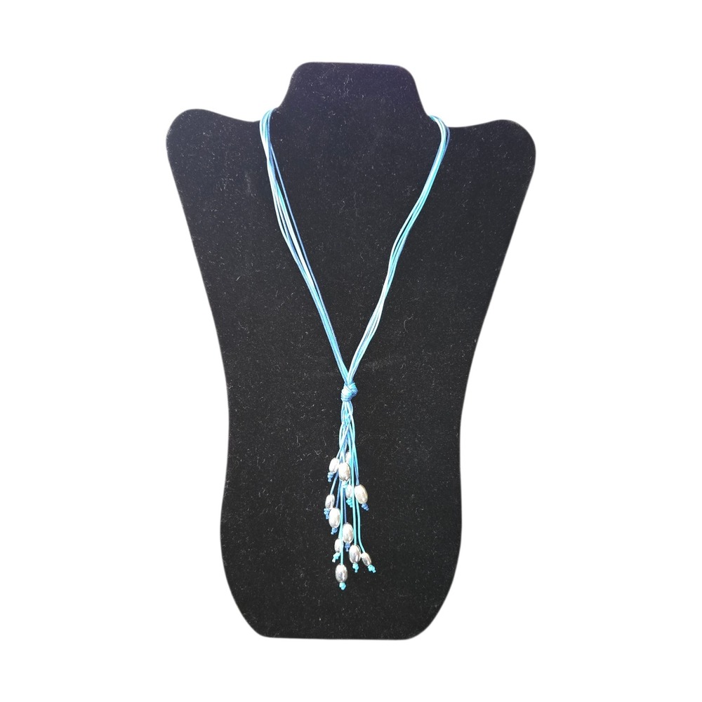Milor Italy Sterling Silver 925 12 Strand Blue Cord‎ Beaded Tassel Necklace 16"
